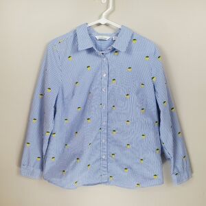 Lemon Way Size M Blue White Striped Button Down Shirt With Embroidered Lemons